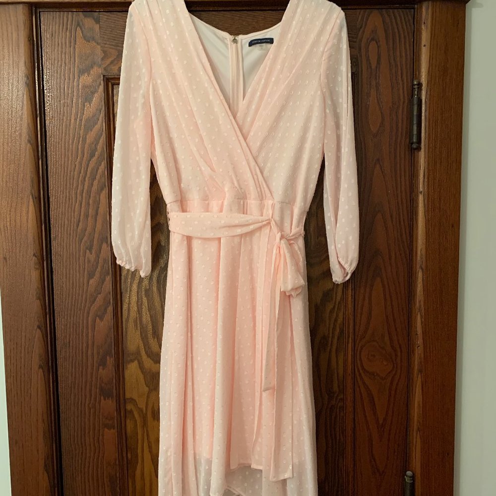 Women's Pink Polka Dot Mid sleeve V Neck Below dress with Belt